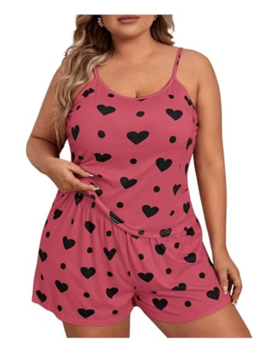 Women's 2 Piece Cami and Shorts Pajama Set Lettuce Trim Cartoon Print